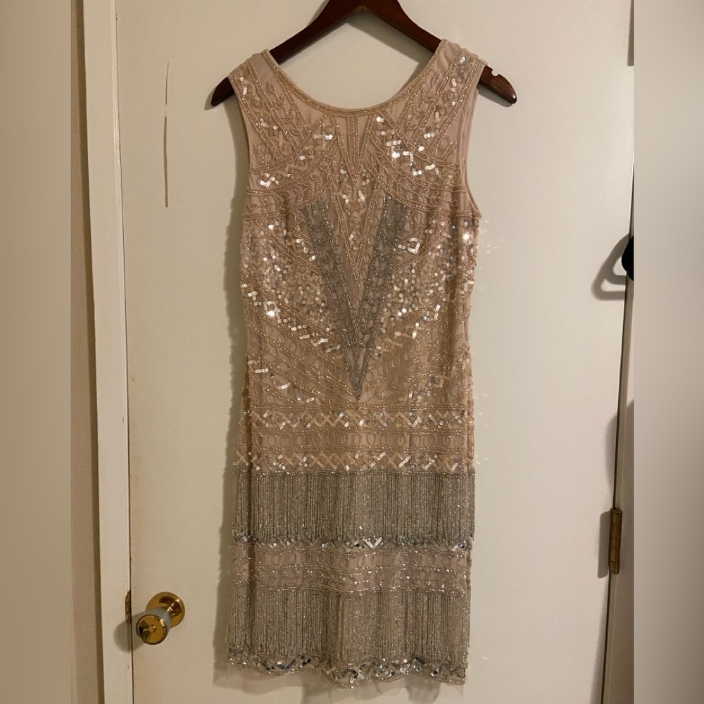 Adrianna Papell Beaded Fringe Cocktail Dress, blush/beige color, sleeveless, sz8 - Picture 4 of 14